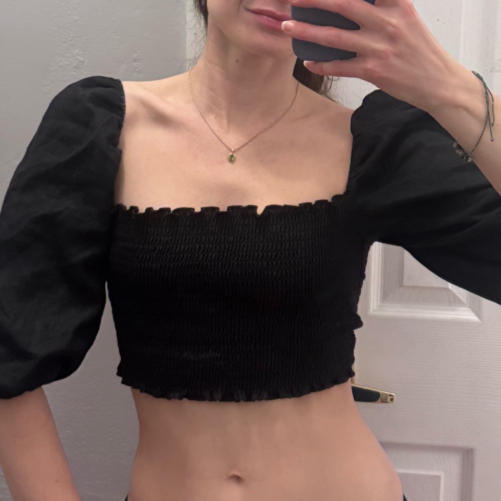 Reformation Linen Black Cropped Shirt